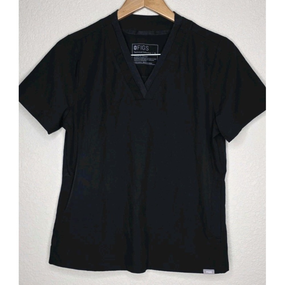 FIGS Women M Scrub Top Black Technical Collection V Neck Side Slit Pockets